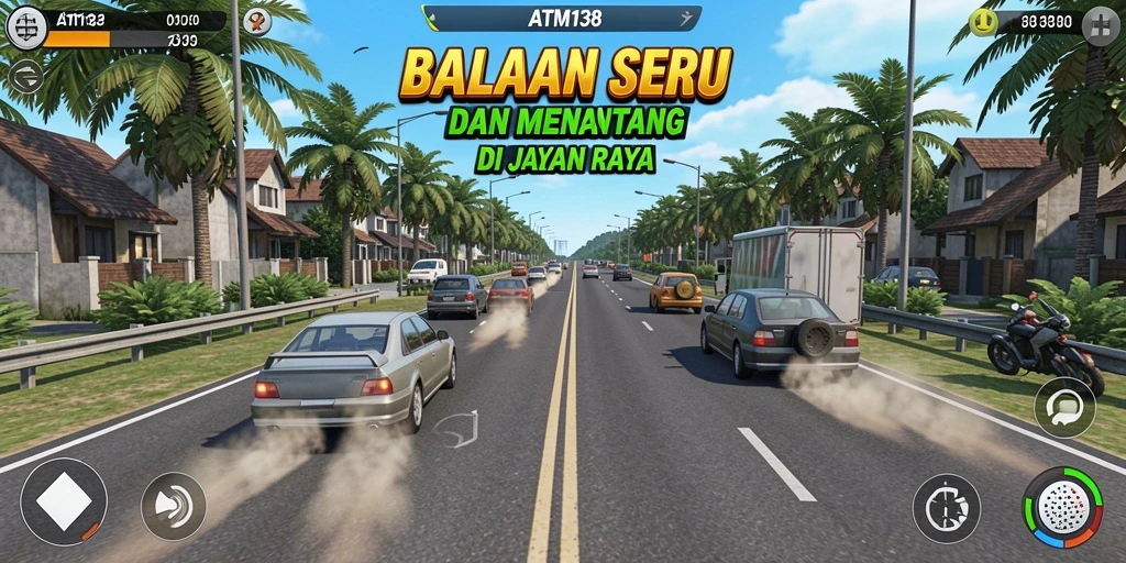 Screenshot gameplay ATM138 menampilkan aksi balapan yang seru di jalan yang penuh tantangan.