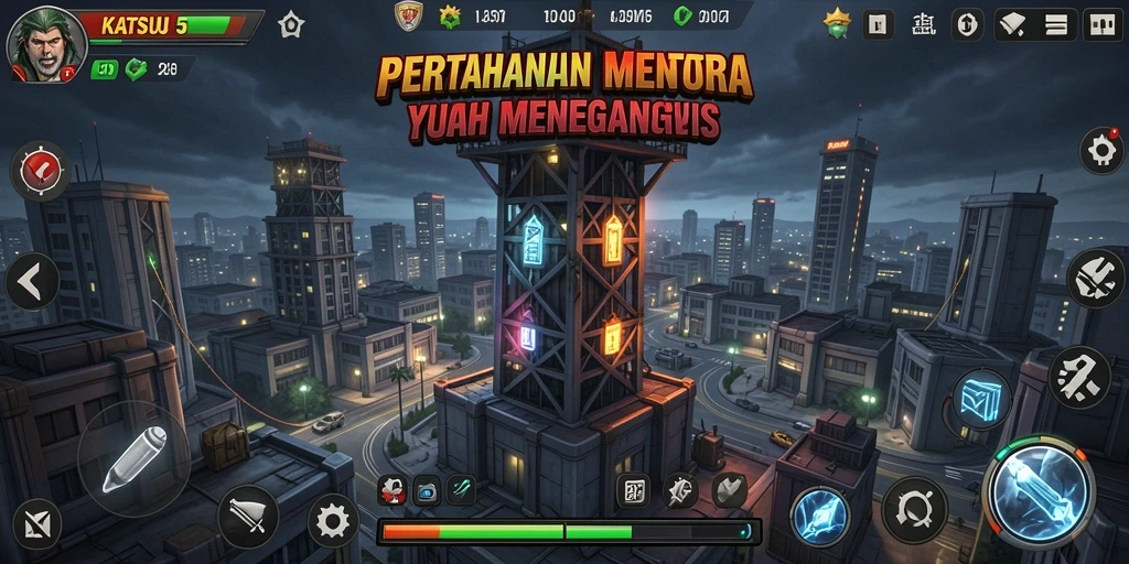 Tangkapan layar gameplay KATSU5 dengan menara dan musuh yang intens.