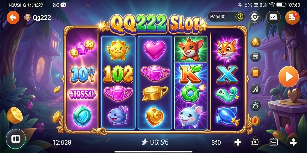 Tampilan gameplay QQ222 yang menakjubkan dan penuh warna saat memutar gulungan slot.