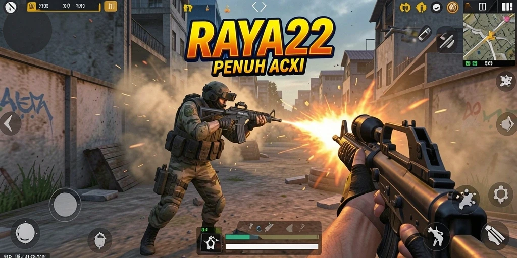 Tampilan gameplay intens RAYA22 dengan aksi tembak-menembak yang mendebarkan.