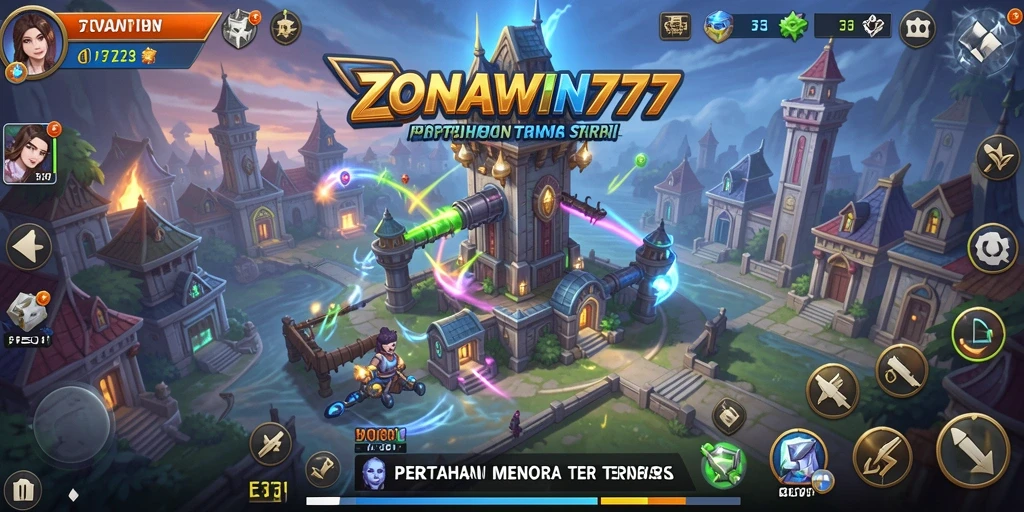 Tampilan menarik gameplay ZONAWIN777 dengan menara strategis.